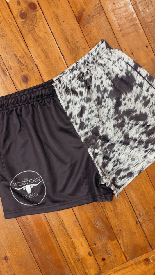 3RD PRE ORDER TWBC Black Cow Print Footy Shorts
